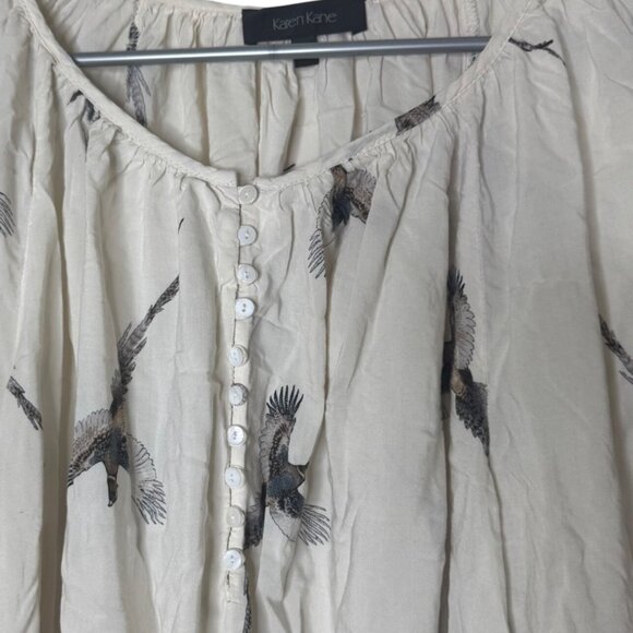 Karen Kane 1X Ivory Bird Print Peasant Blouse 3/4 Sleeve Flowy Boho Top - Picture 3 of 9
